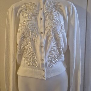 Vintage Rosanna White Cardigan with Beaded Floral Accents